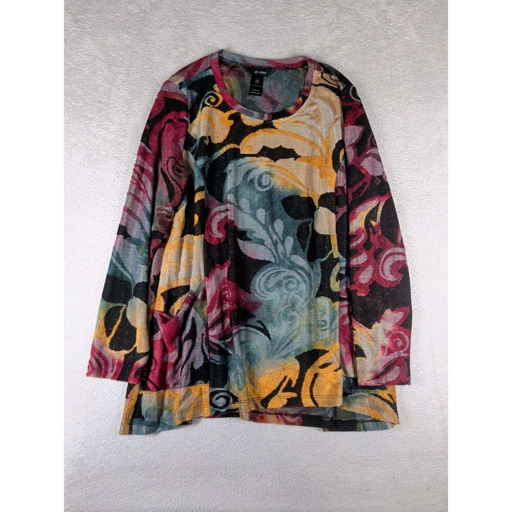 Ali Miles Tunic Top Women's Large Multicolor Sheer Long Sleeve Boho Artsy